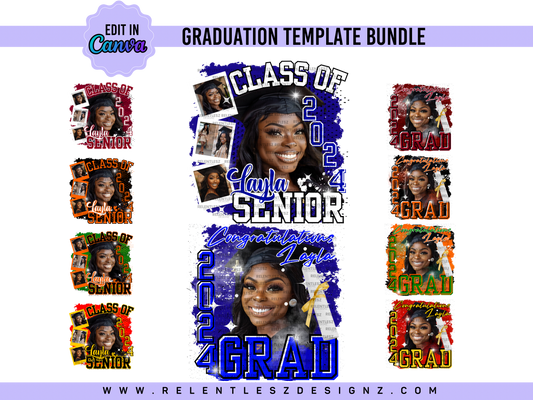 Graduation shirt Template Bundle Features 2 template designs with 6 color combinations each for graduation Day. You can edit the templates in Canva and make them your own. Class of 2024. college graduate, high school senior, fans, flyer, t-shirts
