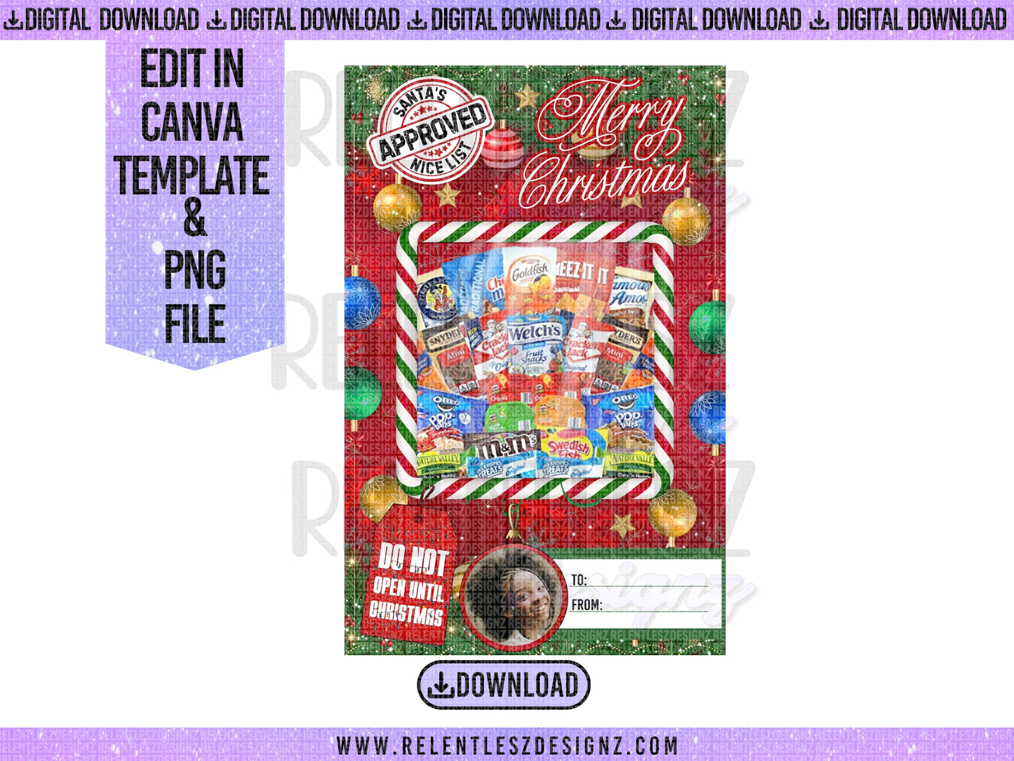Red Christmas Holiday Jumbo Candy Card, Edit In Canva Template, Png Digital File, Merry Christmas, Do not open before Christmas, red satin ribbon bow, dangling ornaments, candy cane striped design, Can be personalized with name and photo.