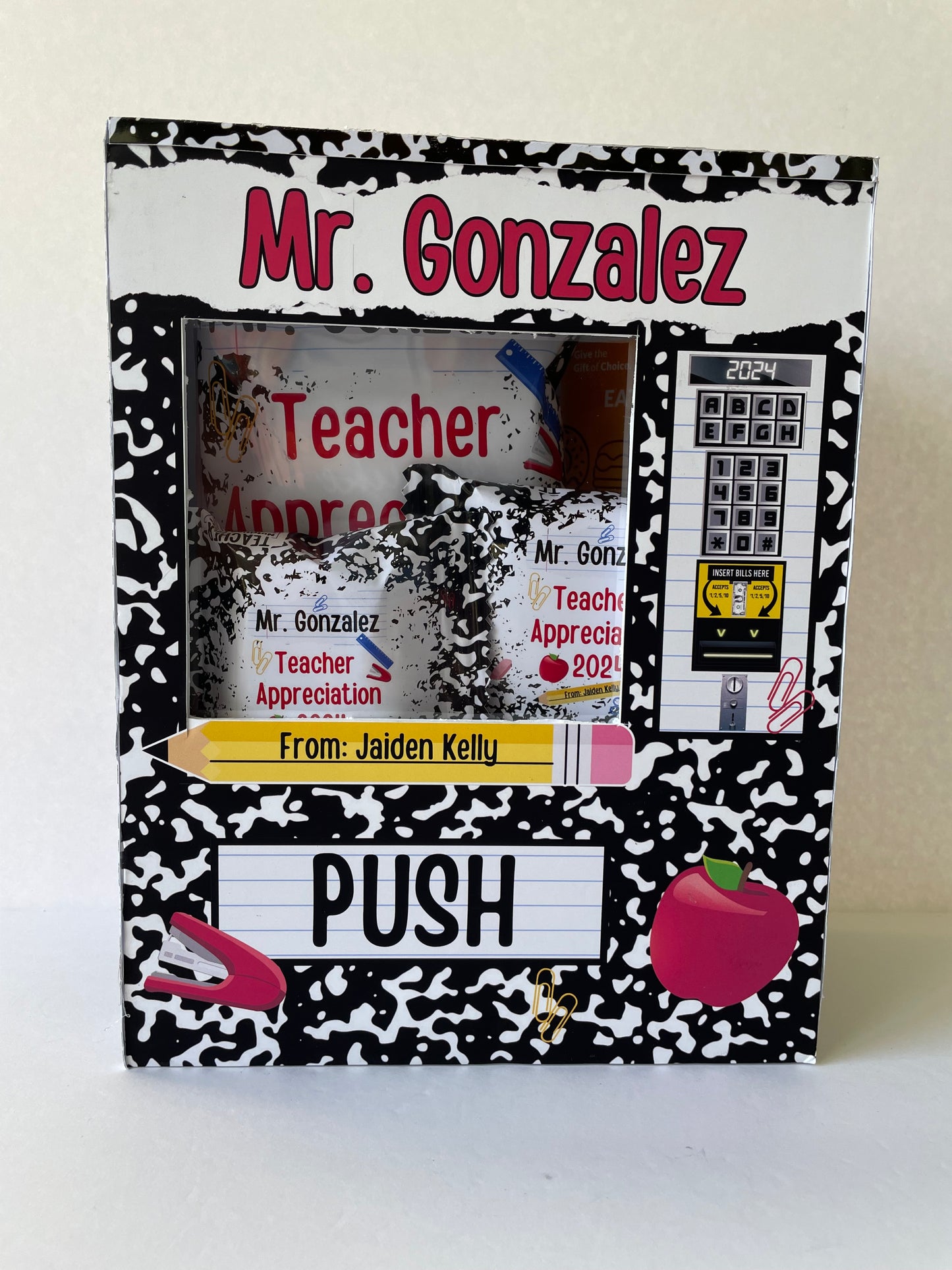 Custom vending machine for teachers or educators, Made from foam board. Composition book, faux vending machine, foam, board vending, teacher keepsake, teacher appreciation, educators matter