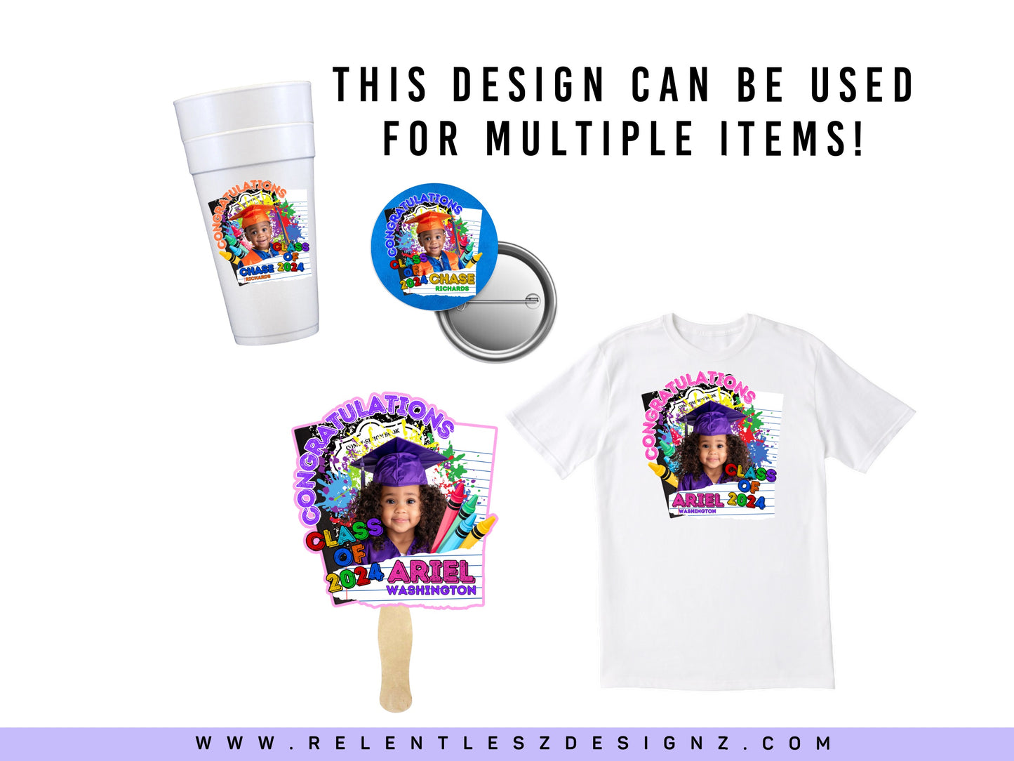 Kids Elementary School Kindergarten Graduation Template, Colorful, Composition book, Crayons, lined paper, Grad Flyer, T-shirt Design, Grad fan, Grad Szn, Edit In Canva. Class of 2024, Pdf, Png