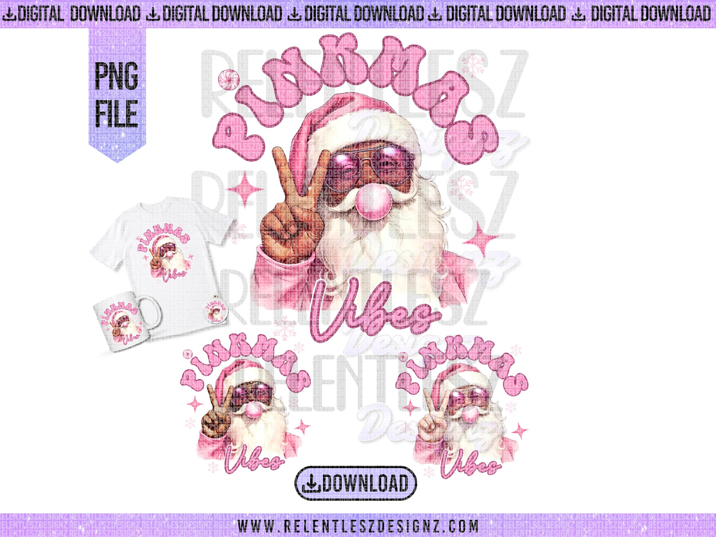 Digital Design, Pink Santa Claus Blowing Pink Bubble Gum wearing rose colored glasses, holding up the peace sign. Words are Pinkmas Vibes with Pink snowflakes and stars. 3 Different skintones in Medium, Dark and white. Perfect for Christmas.