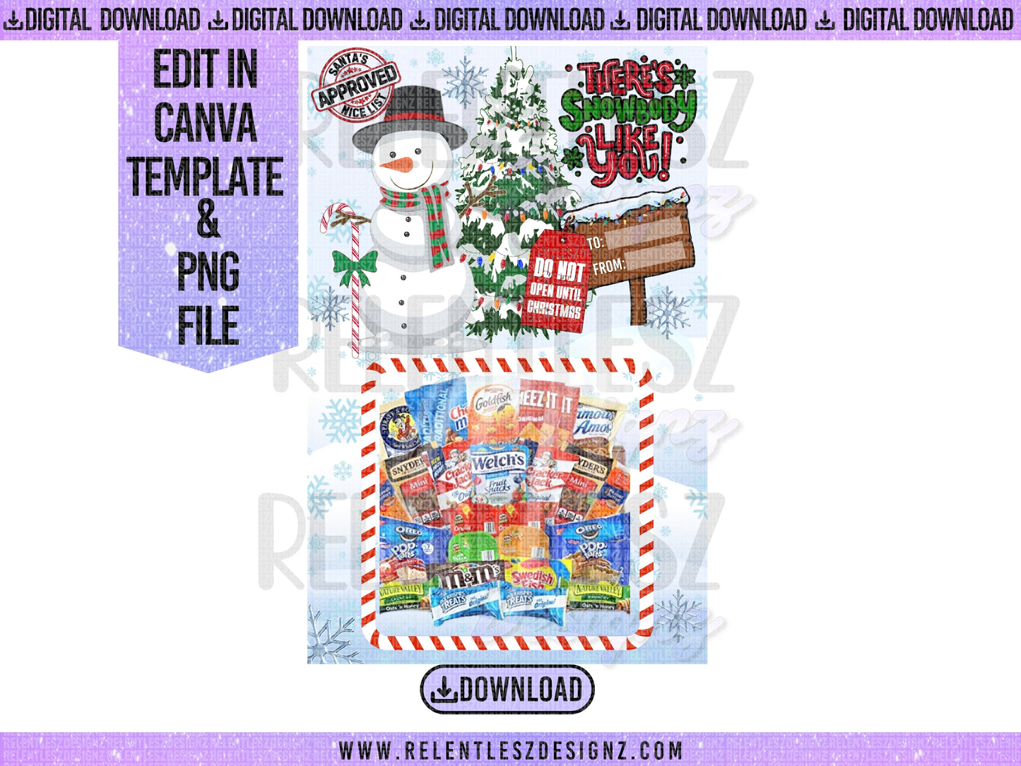 blue and white snowman Christmas Holiday Jumbo Candy Card Png and Edit In Canva Remplate. Digital File, Merry Christmas, Do not open before Christmas, there’s snow body like you, dangling ornaments, candy cane striped design, Can be personalized