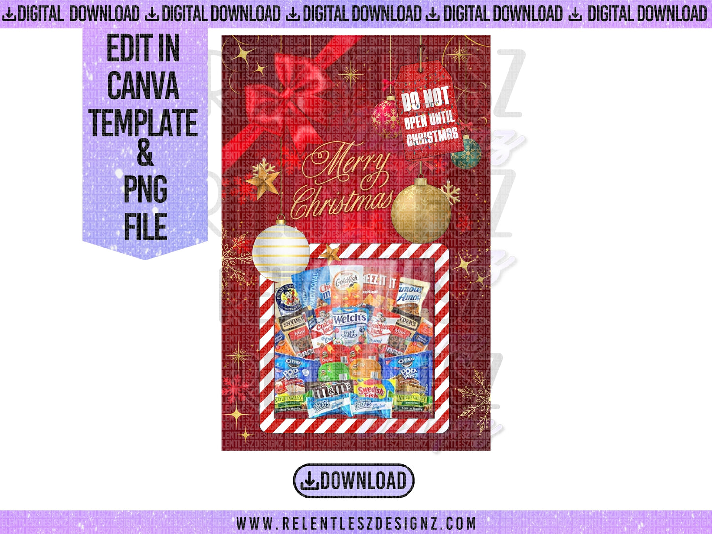 Red Christmas Holiday Jumbo Candy Card Edit In Canva Template, Png File, Digital File, Merry Christmas, Do not open before Christmas, red satin ribbon bow, dangling ornaments, candy cane striped design, Can be personalized with name