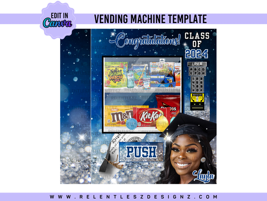 Graduation Vending Machine Template Bundle Features a beautiful blue sparkle template designs for graduation Day. You can edit the templates in Canva and make them your own. Class of 2024. college graduate, high school senior, elementary grad