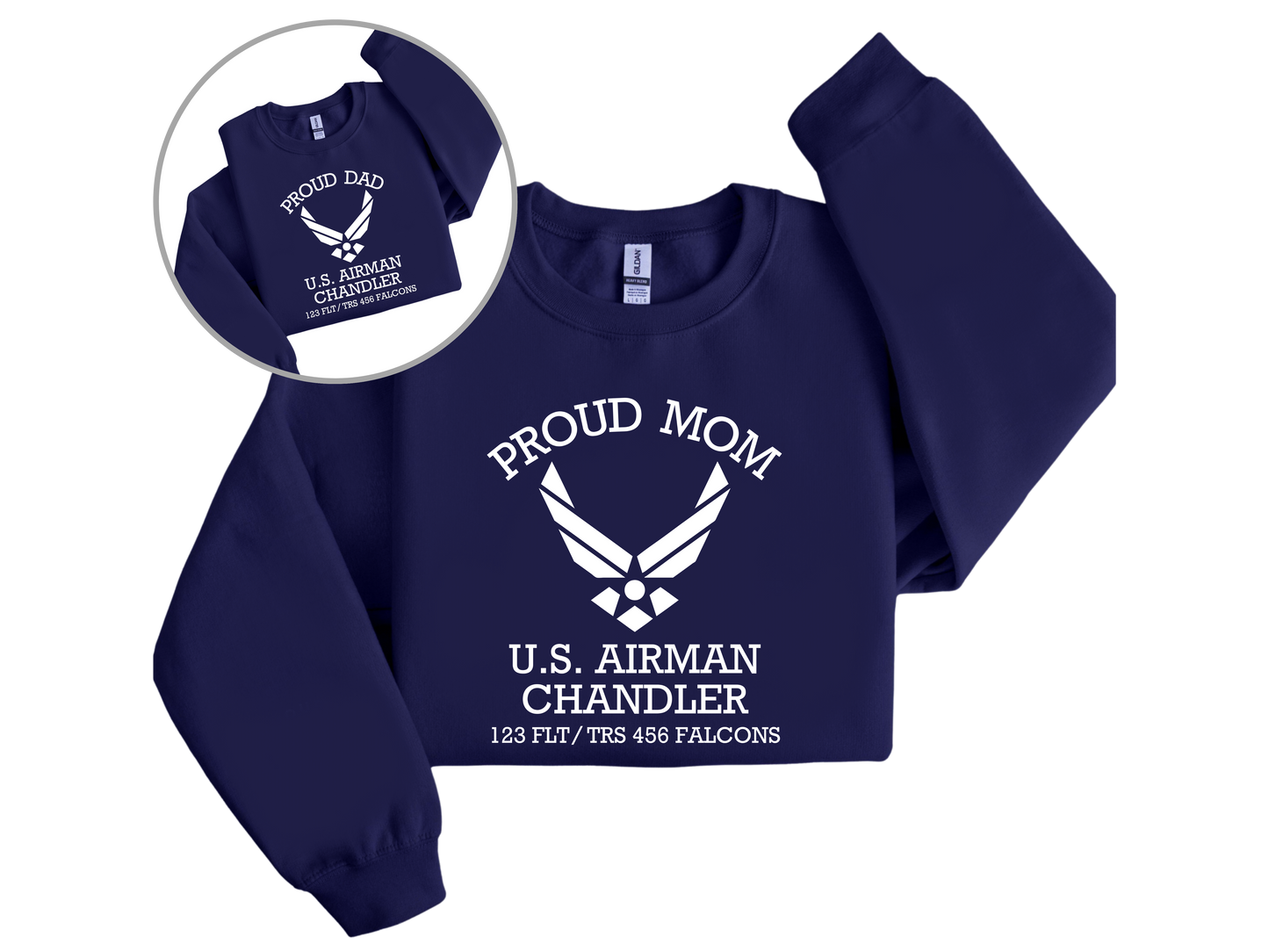 Custom Proud Mom, Proud Dad, U.S. AIRMAN Embroidered Crewneck Sweatshirt DTF, Printed