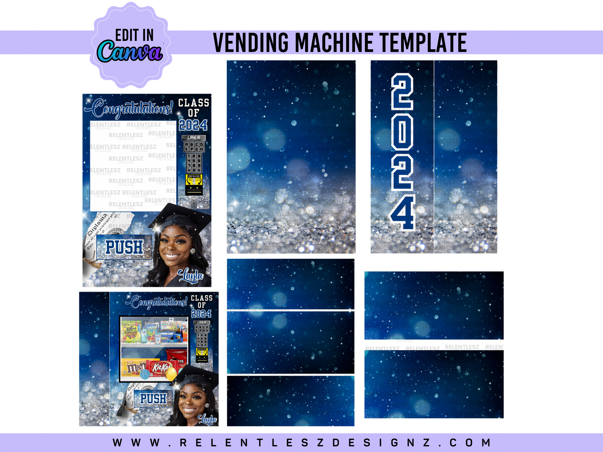 Graduation Vending Machine Template Bundle Features a beautiful blue sparkle template designs for graduation Day. You can edit the templates in Canva and make them your own. Class of 2024. college graduate, high school senior, elementary grad