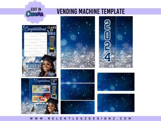 Graduation Vending Machine Template Bundle Features a beautiful blue sparkle template designs for graduation Day. You can edit the templates in Canva and make them your own. Class of 2024. college graduate, high school senior, elementary grad