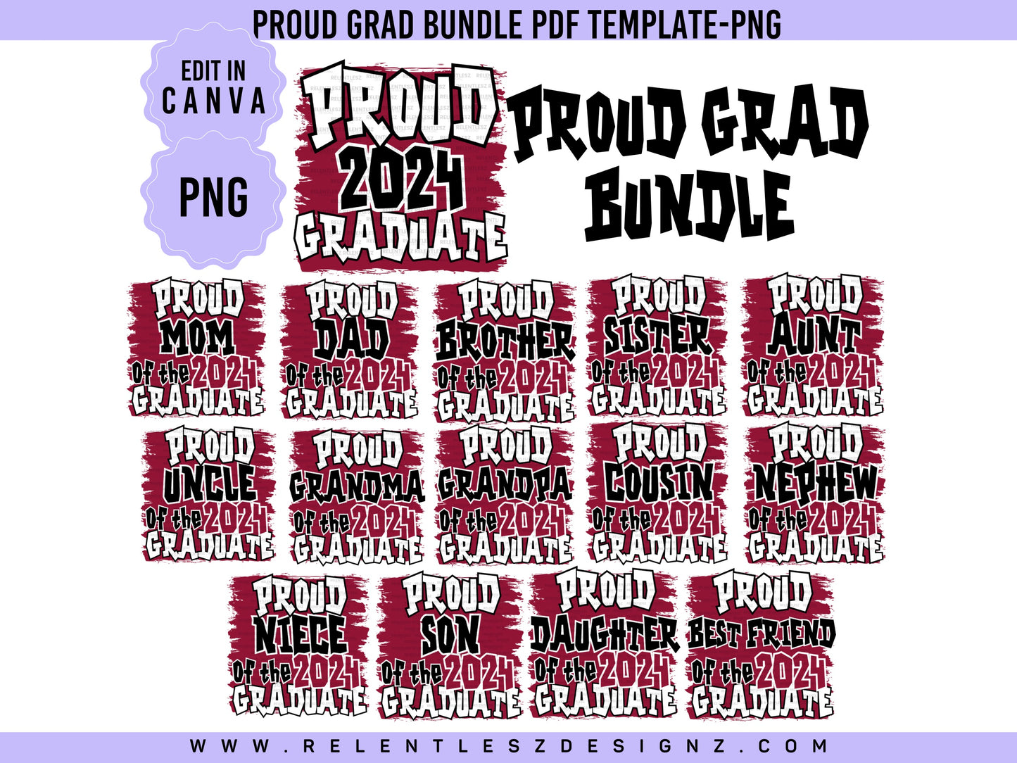 Proud Family Graduation shirt Template Bundle. You can edit the templates in Canva and make them your own. Class of 2024. college graduate, high school senior, fans, flyer, t-shirts