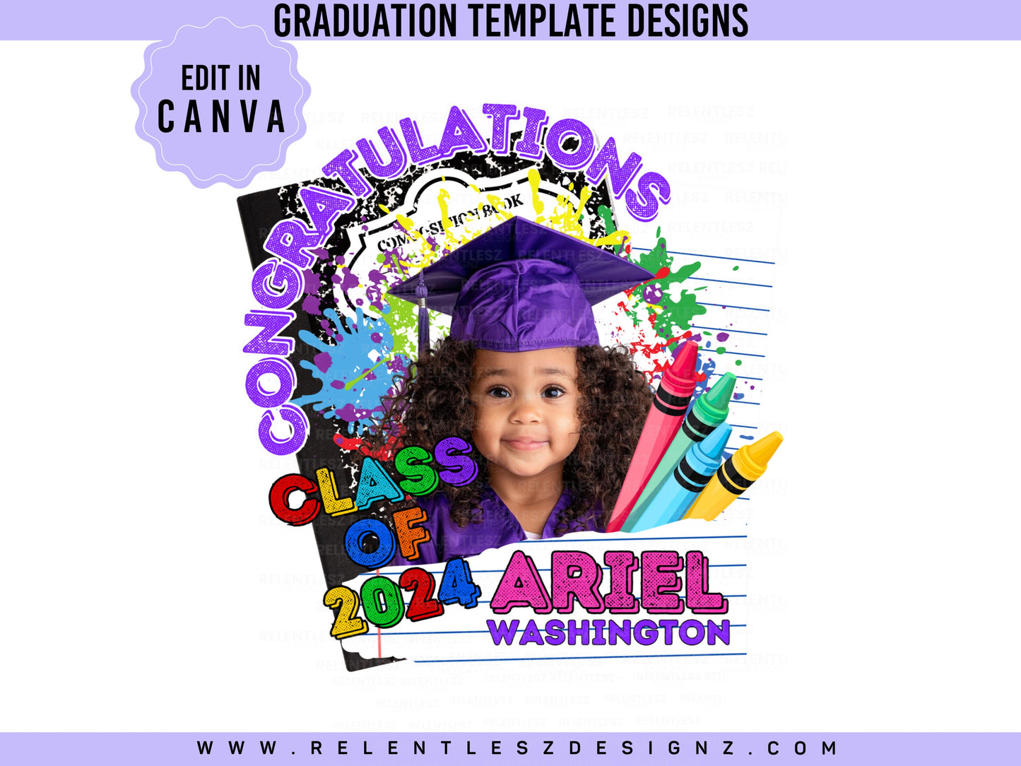 Kids Elementary School Kindergarten Graduation Template,  Colorful, Composition book, Crayons, lined paper, Grad Flyer, T-shirt Design, Grad fan, Grad Szn, Edit In Canva. Class of 2024, Pdf, Png