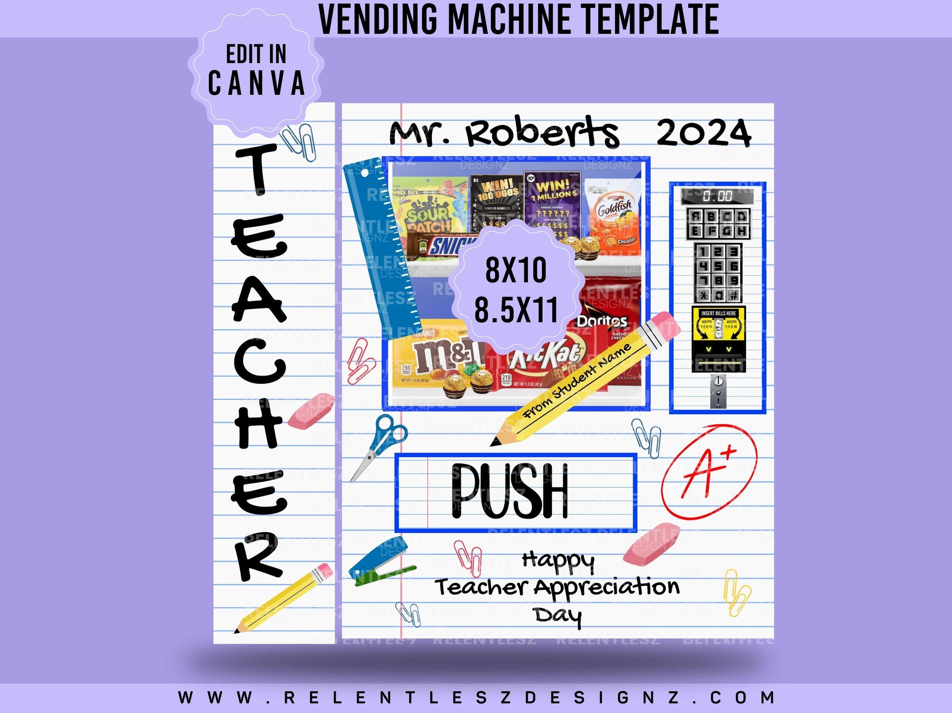 Teacher’s Appreciation Day Vending Machine Template, Lined Paper, School Supplies, A+, Teacher Name, Pencils edit in Canva File