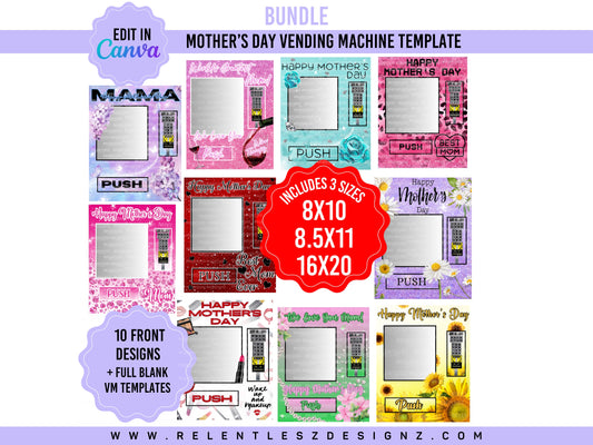 Mother’s Day Vending Machine Template Bundle Features 10 beautiful template designs for Mother’s Day. You can edit the templates in Canva and make them your own. Pinks, Purples, Reds, Yellows and Blues.