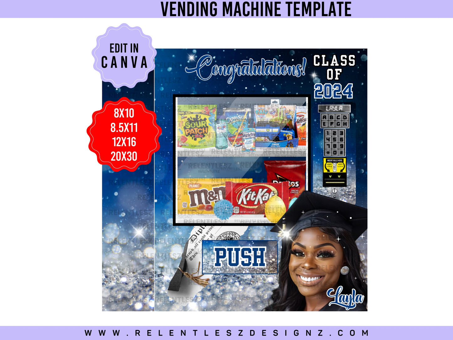 Graduation Vending Machine Template Bundle Features a beautiful blue sparkle template designs for graduation Day. You can edit the templates in Canva and make them your own. Class of 2024. college graduate, high school senior, elementary grad