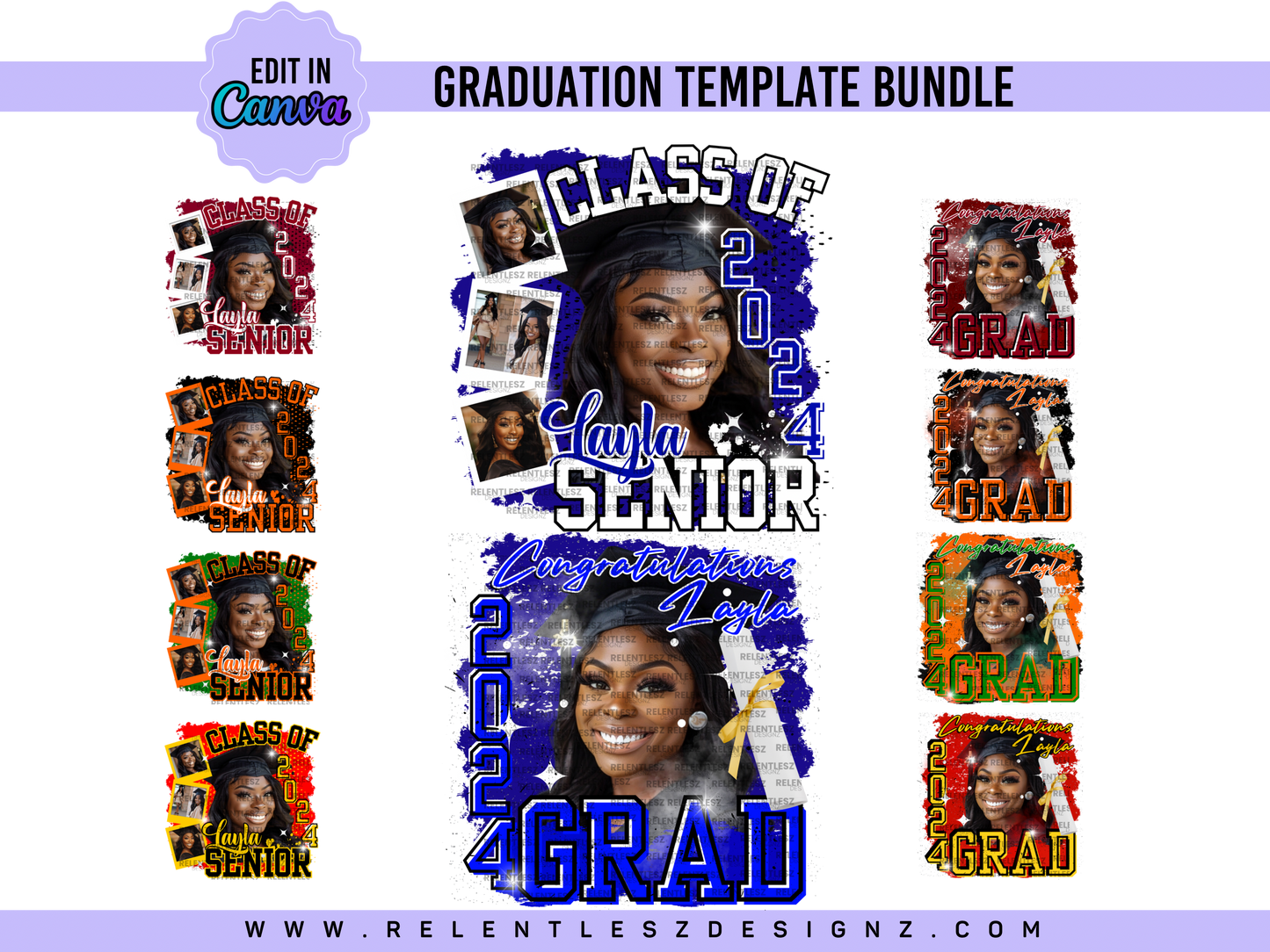 Graduation shirt Template Bundle Features 2 template designs with 6 color combinations each for graduation Day. You can edit the templates in Canva and make them your own. Class of 2024. college graduate, high school senior, fans, flyer, t-shirts