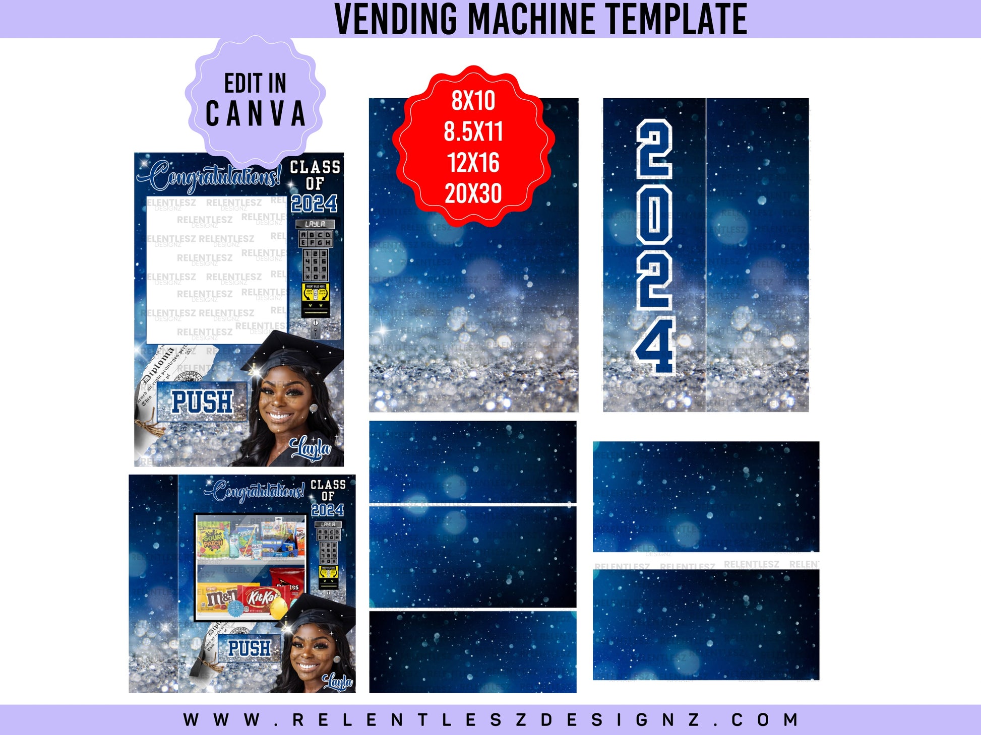 Graduation Vending Machine Template Bundle Features a beautiful blue sparkle template designs for graduation Day. You can edit the templates in Canva and make them your own. Class of 2024. college graduate, high school senior, elementary grad