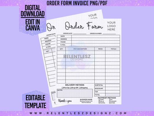 Order Form Small Business Invoice Template Digital Download Png