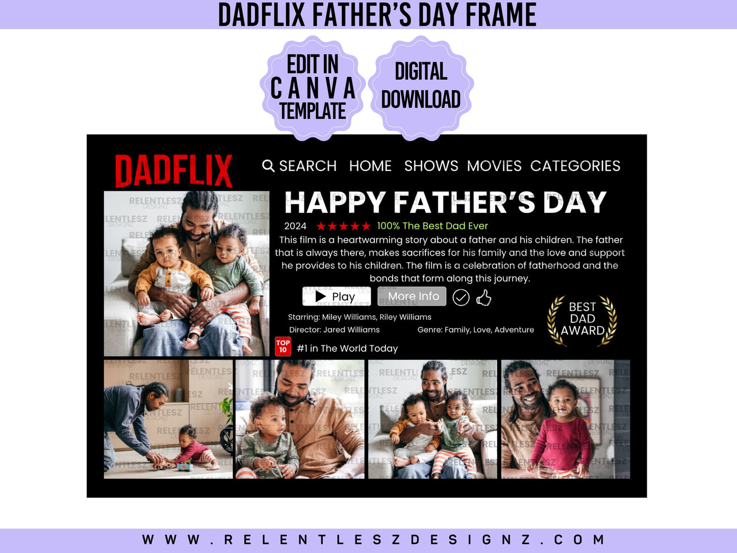 Father’s Day Dadflix frame template, edit in canvas, template