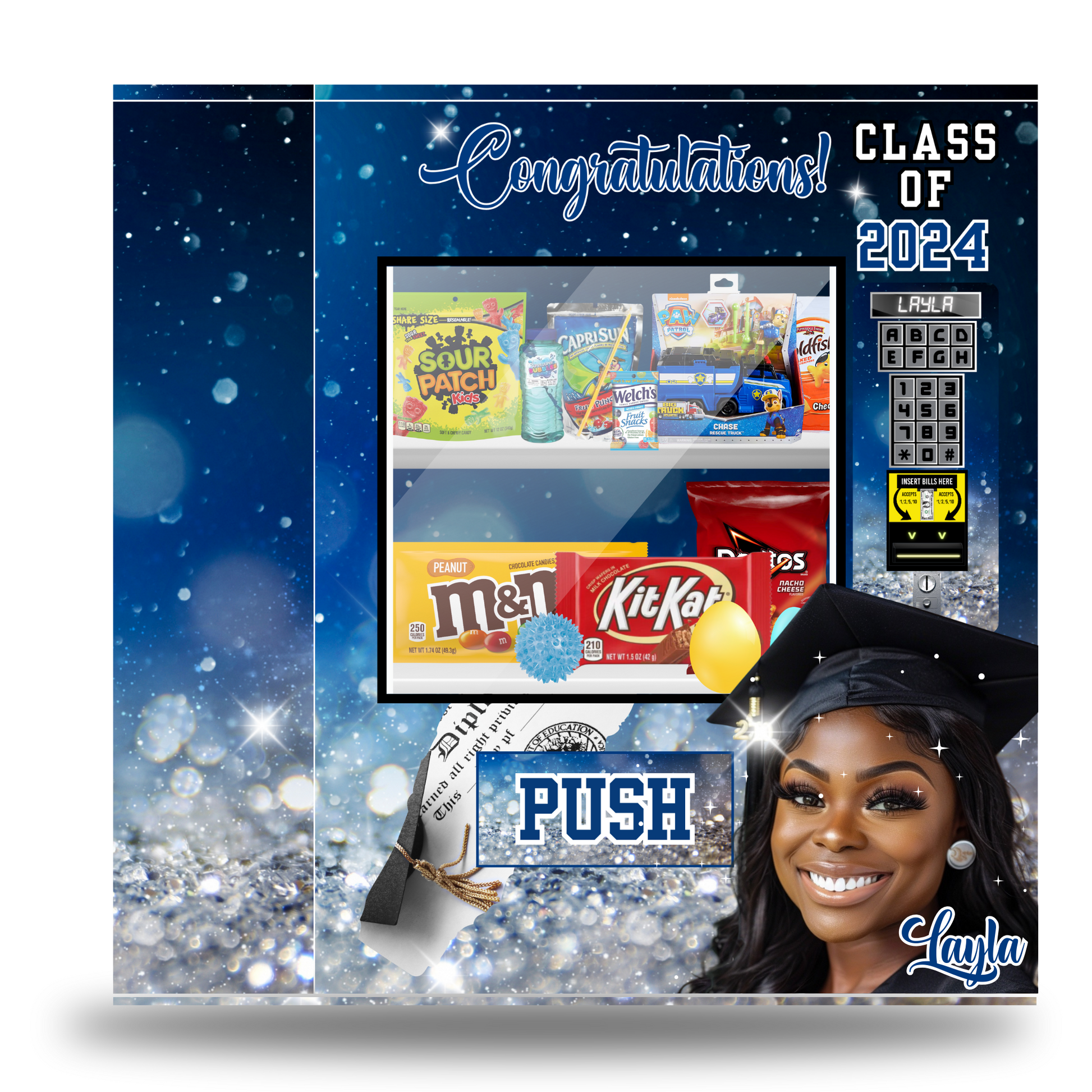 Graduation Vending Machine Template Bundle Features a beautiful blue sparkle template designs for graduation Day. You can edit the templates in Canva and make them your own. Class of 2024. college graduate, high school senior, elementary grad