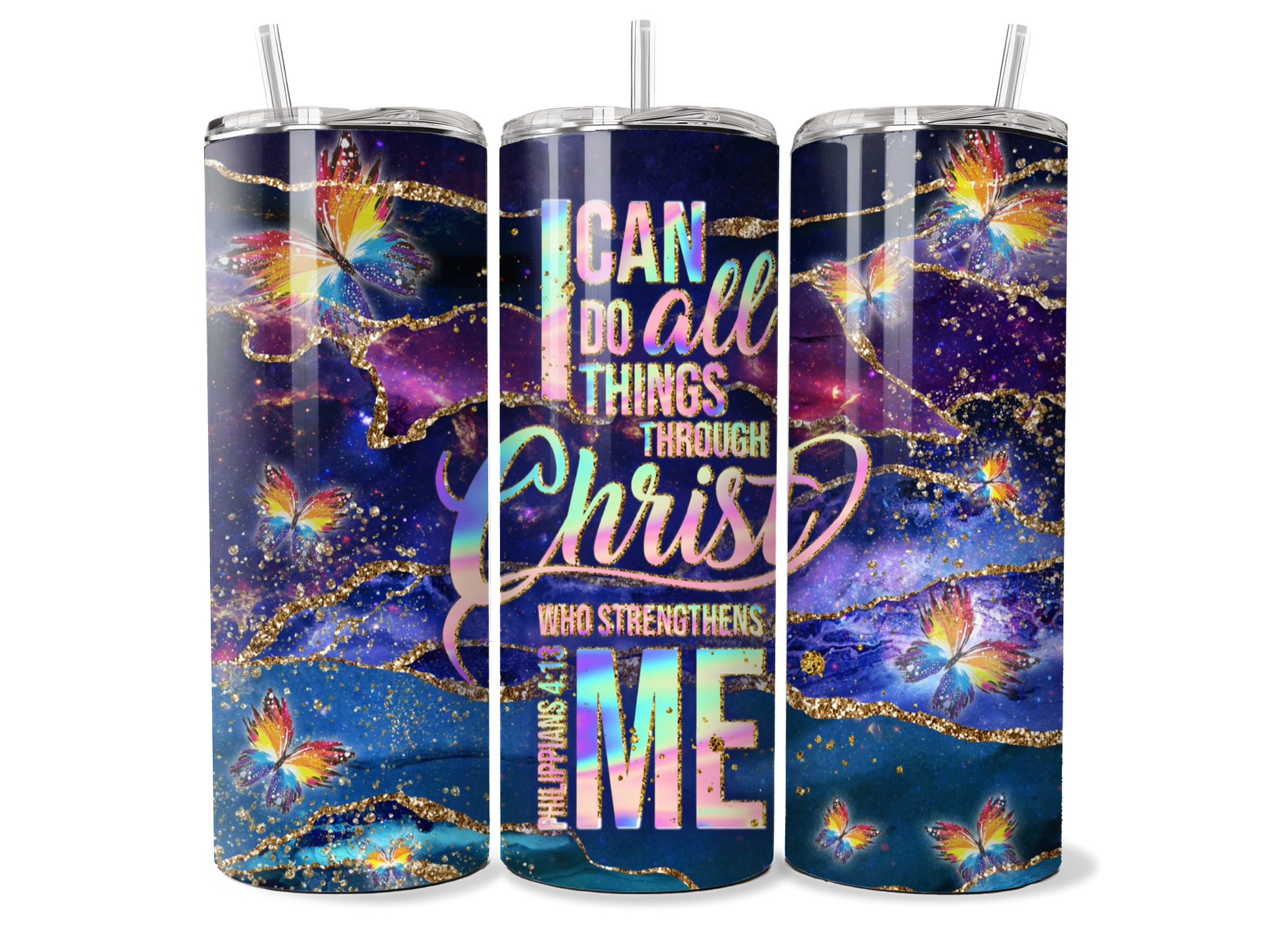 Philippians 4:13 I Can Do All Things Through Christ Purple Butterfly Galaxy 20oz Skinny Straight Tumbler