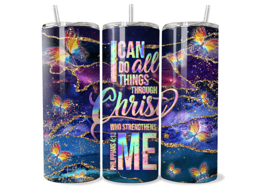 Philippians 4:13 I Can Do All Things Through Christ Purple Butterfly Galaxy 20oz Skinny Straight Tumbler