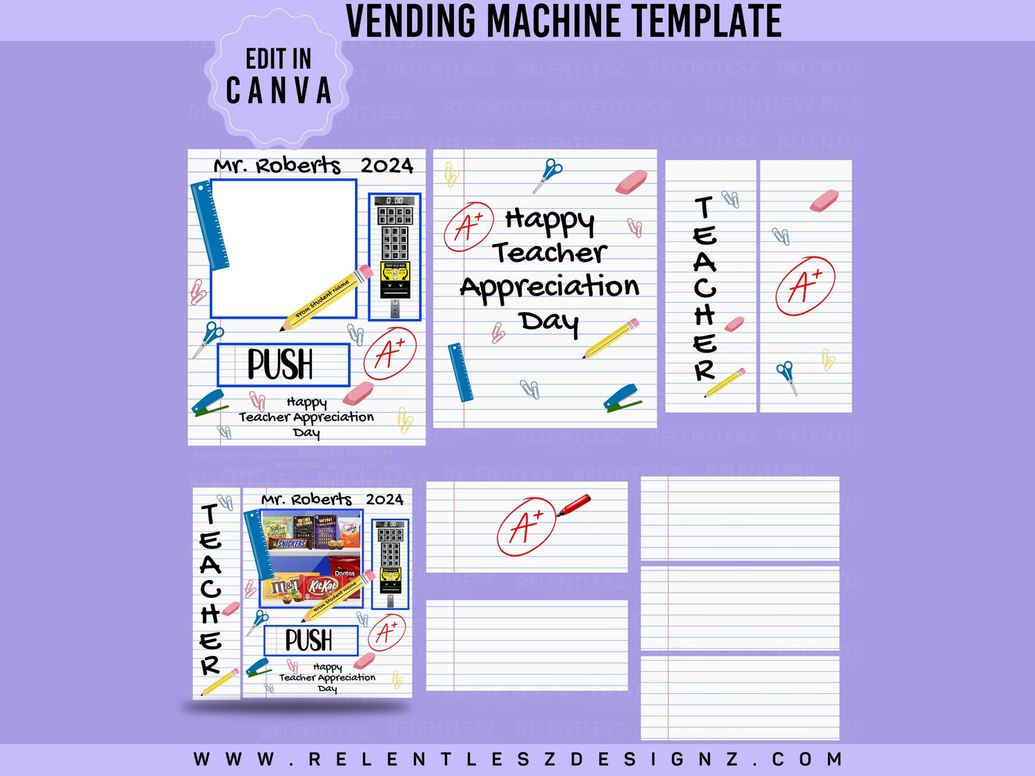 Teacher’s Appreciation Day Vending Machine Template, Lined Paper, School Supplies, A+, Teacher Name, Pencils edit in Canva File