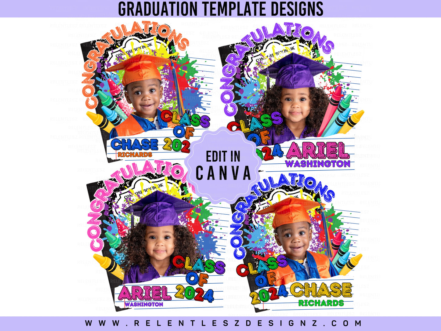 Kids Elementary School Kindergarten Graduation Template,  Colorful, Composition book, Crayons, lined paper, Grad Flyer, T-shirt Design, Grad fan, Grad Szn, Edit In Canva. Class of 2024, Pdf, Png