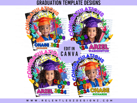 Kids Elementary School Kindergarten Graduation Template,  Colorful, Composition book, Crayons, lined paper, Grad Flyer, T-shirt Design, Grad fan, Grad Szn, Edit In Canva. Class of 2024, Pdf, Png