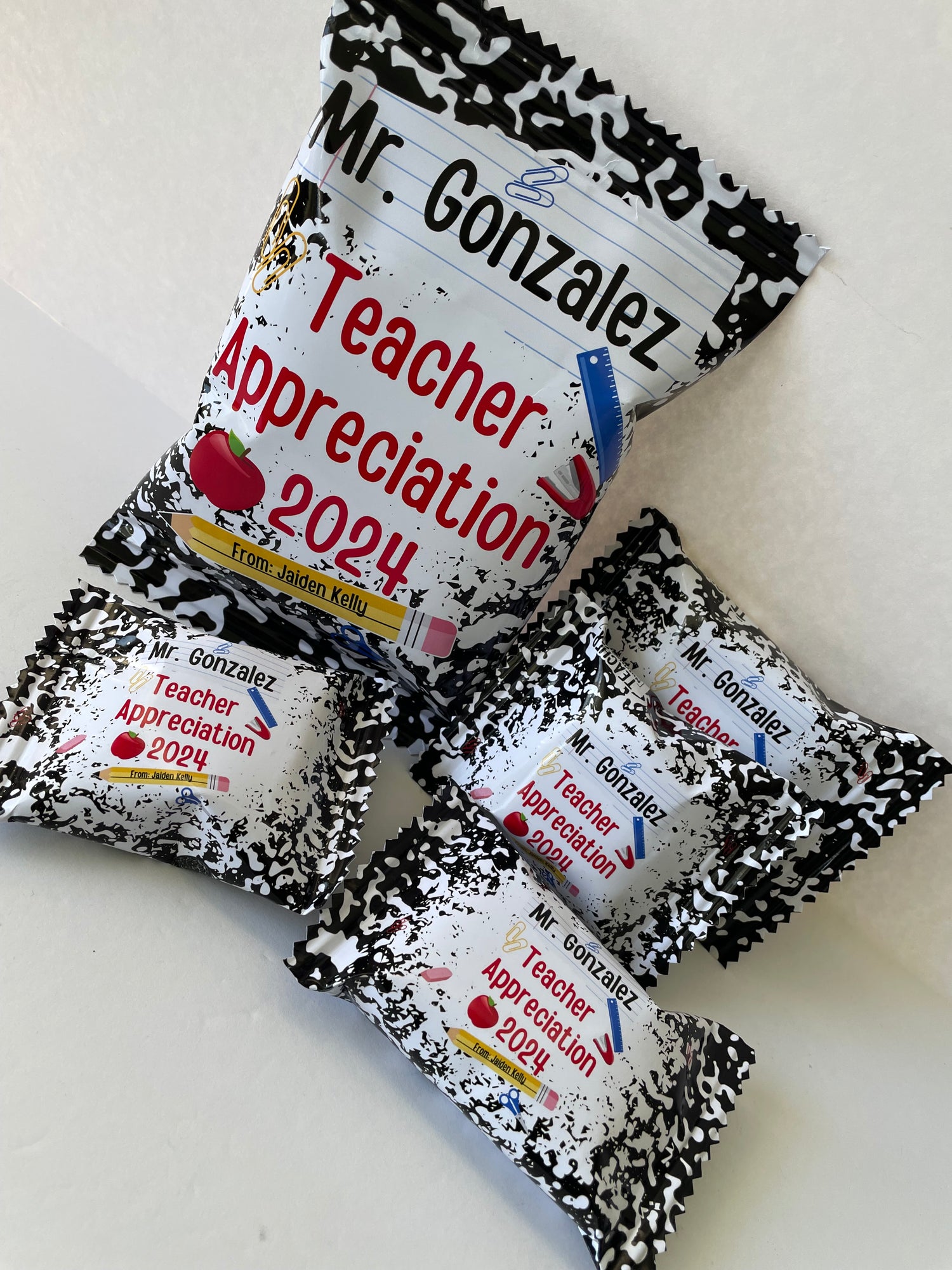 Custom teacher, educator party favors, composition book, custom snacks