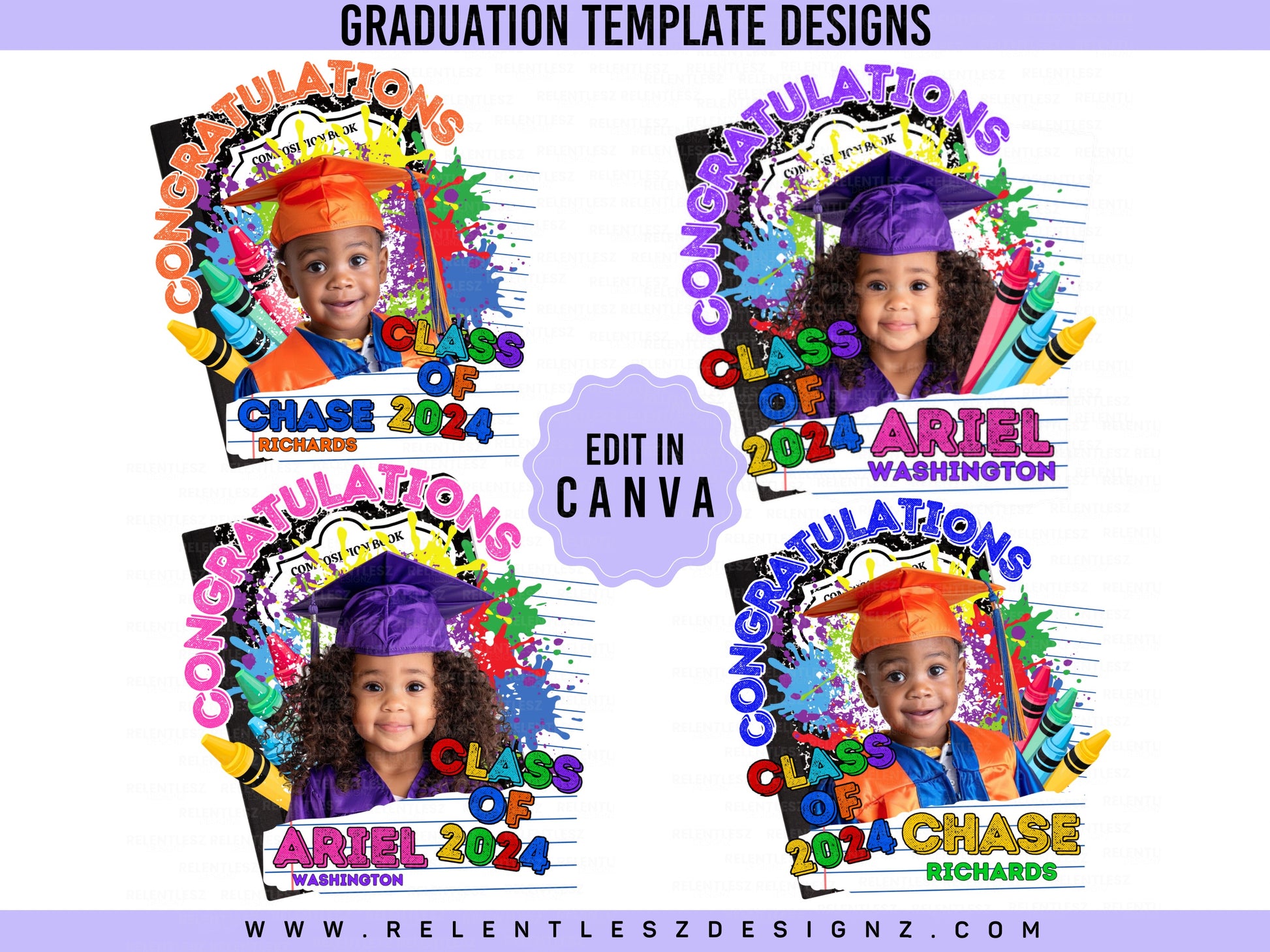 Kids Elementary School Kindergarten Graduation Template,  Colorful, Composition book, Crayons, lined paper, Grad Flyer, T-shirt Design, Grad fan, Grad Szn, Edit In Canva. Class of 2024, Pdf, Png