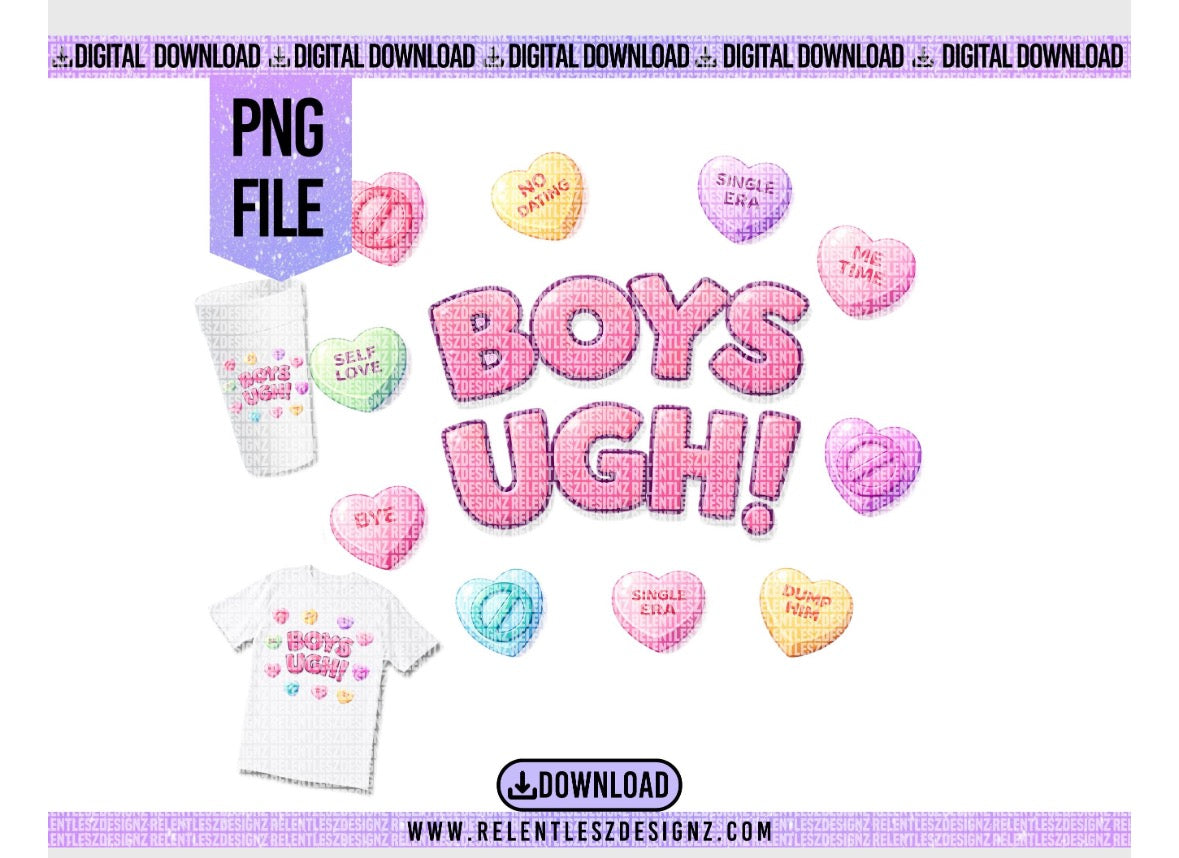 Digital design with 'BOYS UGH!' text and colorful hearts on a white background.
