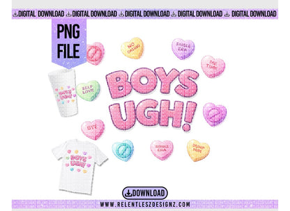 Digital design with 'BOYS UGH!' text and colorful hearts on a white background.