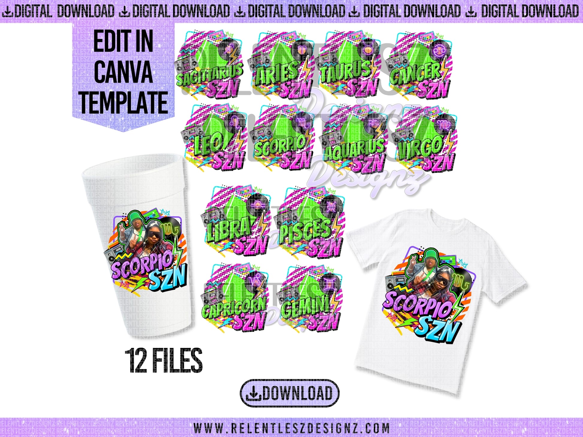 Foam cup and shirt Template Bundle Features 12 Zodiac Sign template designs for Birthday Party. You can edit the templates in Canva and make them your own. Editable Designs, 90s Retro Party. fans, flyer, t-shirts