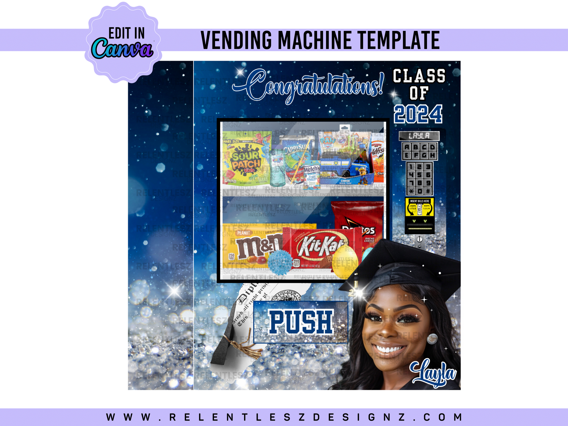 Graduation Vending Machine Template Bundle Features a beautiful blue sparkle template designs for graduation Day. You can edit the templates in Canva and make them your own. Class of 2024. college graduate, high school senior, elementary grad