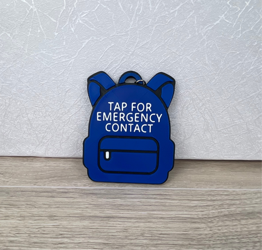customizable 3D printed backpack NFC emergency tag! Designed in the shape of a cute backpack, this tag allows anyone to simply tap their phone to the tag to access a pre-programmed emergency contact.