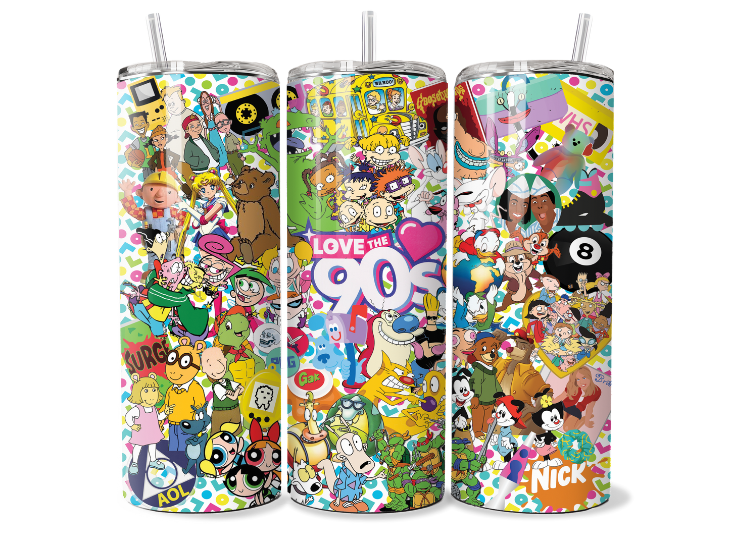 Love The 90’s Mashup Collage Tumbler, 90’s Cartoon 20oz Skinny Straight Tumbler