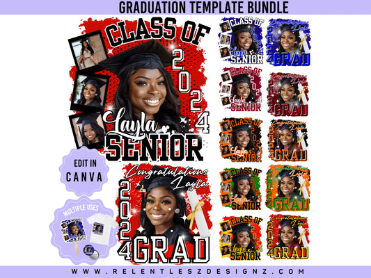Graduation shirt Template Bundle Features 2 template designs with 6 color combinations each for graduation Day. You can edit the templates in Canva and make them your own. Class of 2024. college graduate, high school senior, fans, flyer, t-shirts
