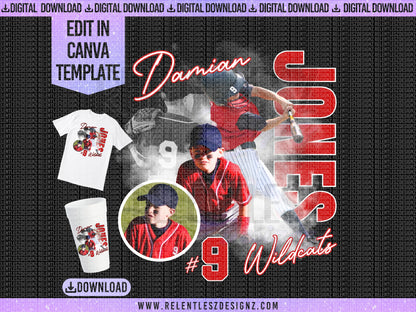 Sports Baseball Design Template, Edit In Canva PRO, T-shirt Design, Styrofoam Cup Design, Foam Cup, PDF,