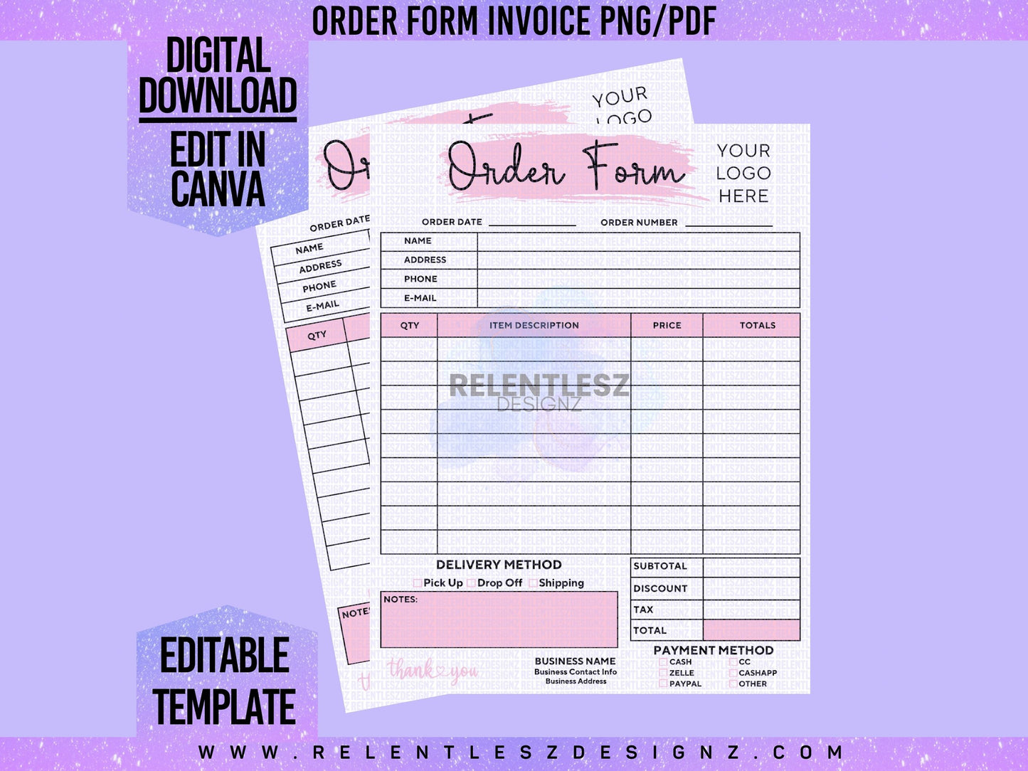 Pink Order Form Small Business Invoice Template Digital Download Png