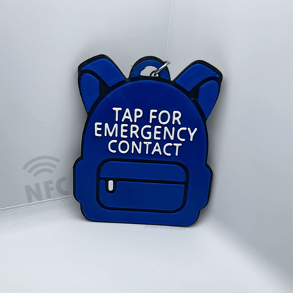 customizable 3D printed backpack NFC emergency tag! Designed in the shape of a cute backpack, this tag allows anyone to simply tap their phone to the tag to access a pre-programmed emergency contact.