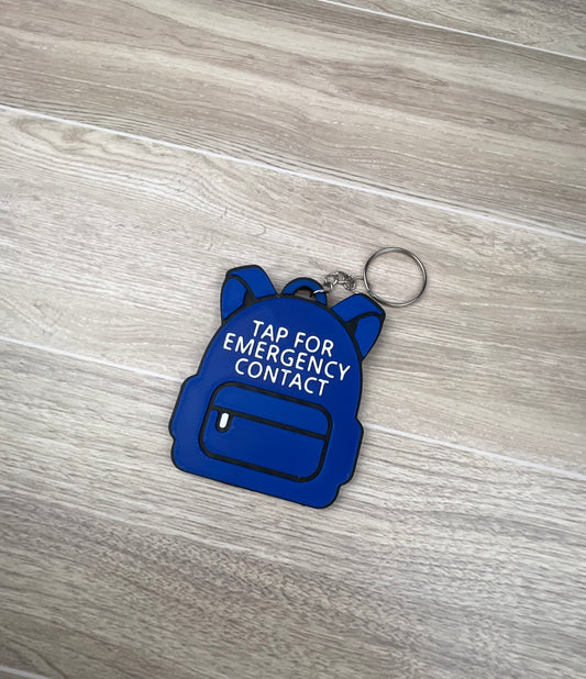 customizable 3D printed backpack NFC emergency tag! Designed in the shape of a cute backpack, this tag allows anyone to simply tap their phone to the tag to access a pre-programmed emergency contact.