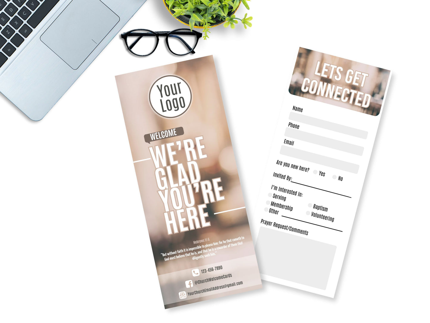 custom church welcome cards, church visitor card, double sided prints, glossy and matte, for easy writing. Welcome church visitors the right way.