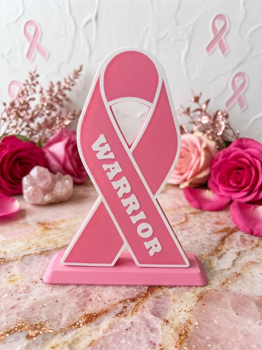 Breast Cancer Awareness Ribbon Warrior Trophy with Stand 8x6.5 inches Symbol of Hope and Strength Pink and White 3D Printed