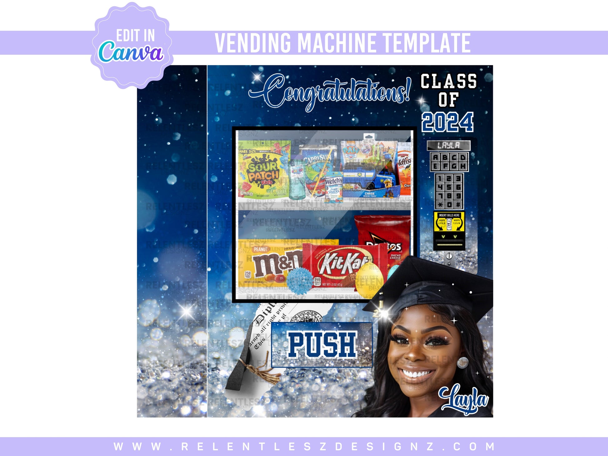 Graduation Vending Machine Template Bundle Features a beautiful blue sparkle template designs for graduation Day. You can edit the templates in Canva and make them your own. Class of 2024. college graduate, high school senior, elementary grad