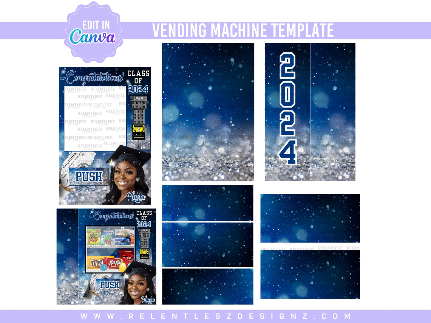 Graduation Vending Machine Template Bundle Features a beautiful blue sparkle template designs for graduation Day. You can edit the templates in Canva and make them your own. Class of 2024. college graduate, high school senior, elementary grad