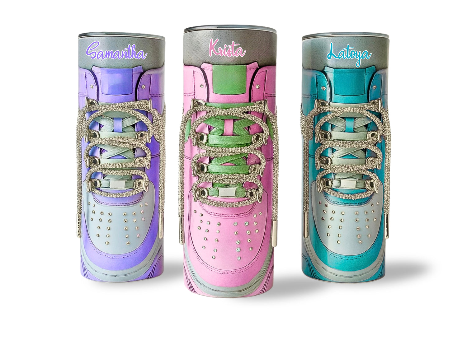Personalizable 20oz Blinged Out  Stainless Steel Thermal Sneaker Tumbler, available in multiple colors. Decorated with Rhinestones and rhinestone coated bling shoe laces. Can be personalized with a name.