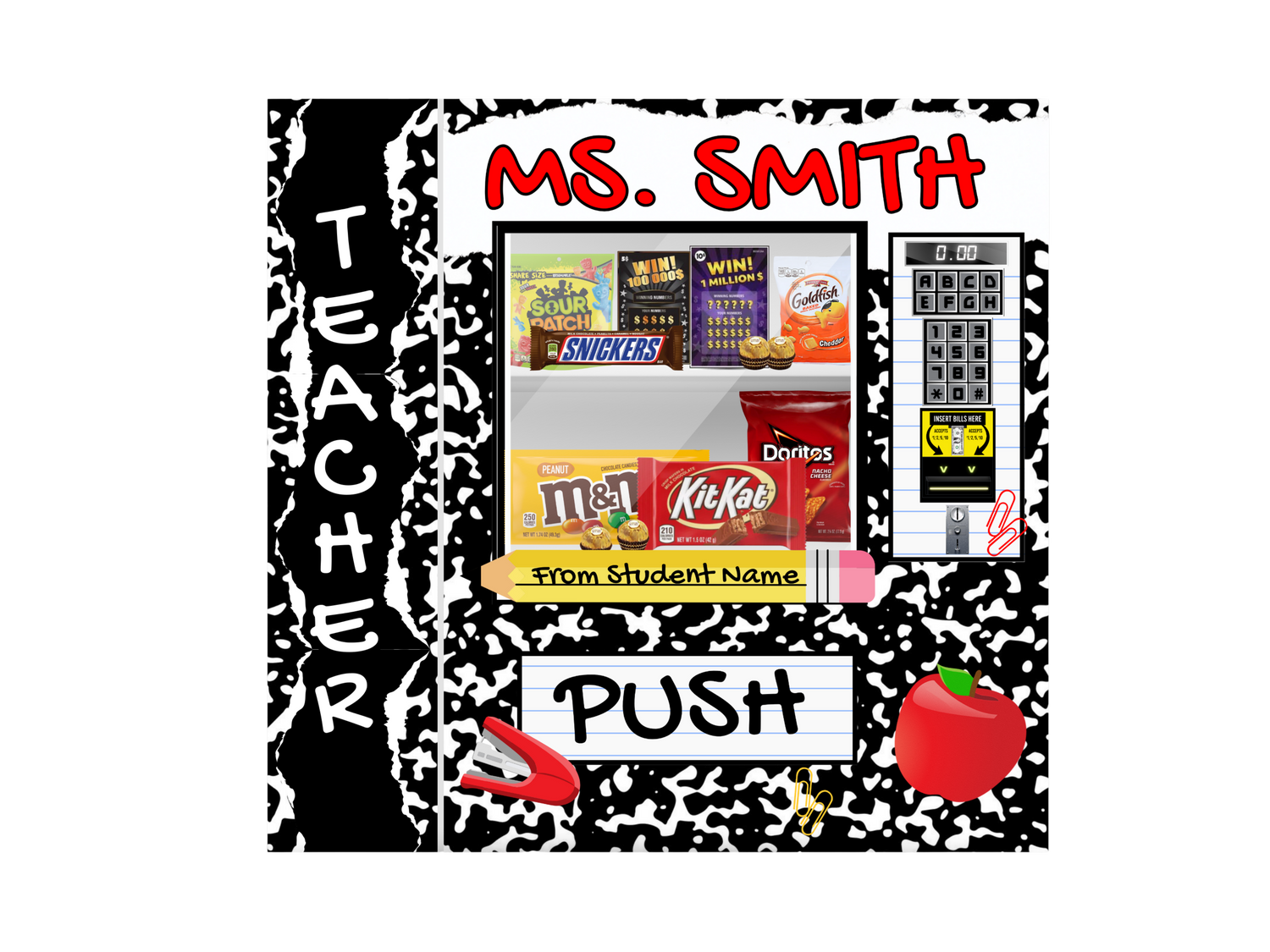 Custom vending machine for teachers or educators, Made from foam board. Composition book, faux vending machine, foam, board vending, teacher keepsake, teacher appreciation, educators matter