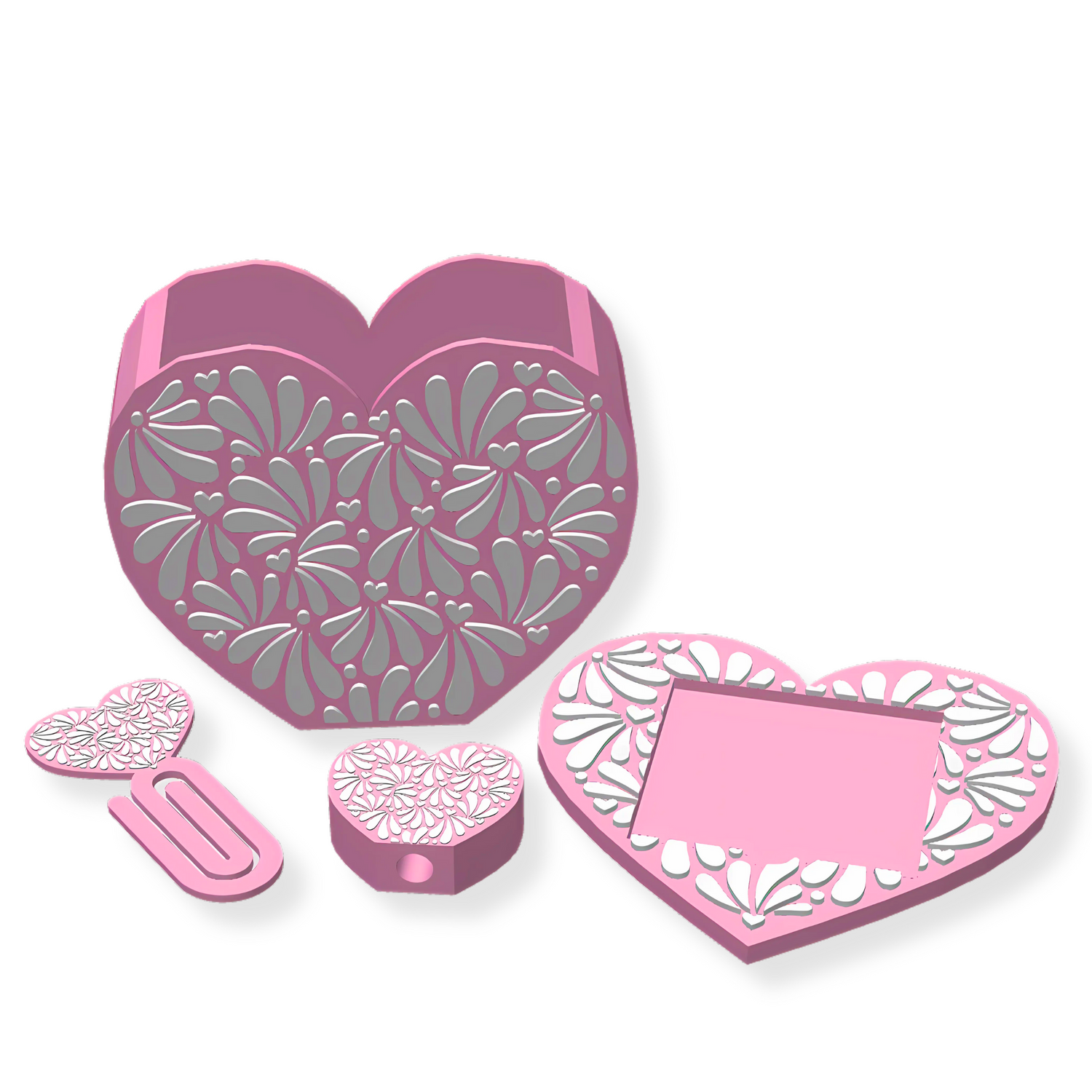 pink and white 3d printed talavera pattern heart shaped desk set including a pen holder, sticky note pad holder, straw topper and a jumbo paper clip.