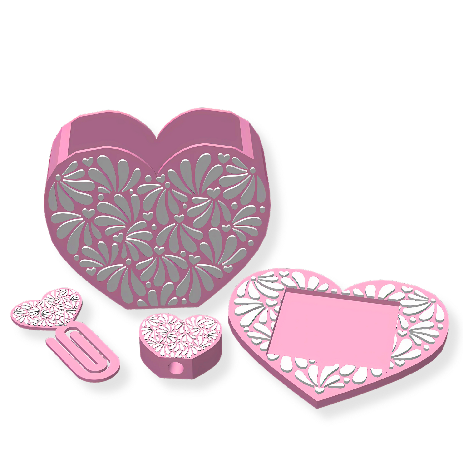 pink and white 3d printed talavera pattern heart shaped desk set including a pen holder, sticky note pad holder, straw topper and a jumbo paper clip.